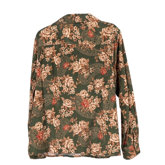 Erika Y2K Corduroy Button Up Shirt XL Green Floral 90s Paisley VNeck Grunge - Picture 5 of 5